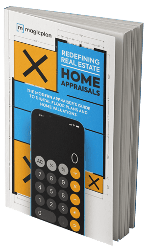 The Appraiser's Guide to Digital Floor Plans and Home Valuations Cover with iPhone Calculator and Floor plan with Living Areas