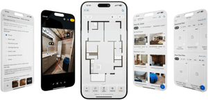 magicplan app iphone screens with floor plan sketch, photos of water mitigation site, site assessment for, photo documentation gallery and files in the files manager