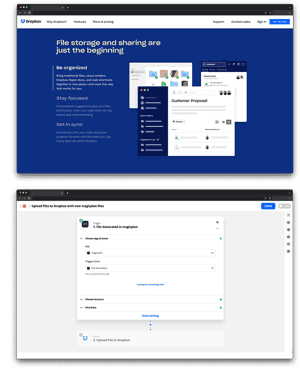 Dropbox  home page website on the top and zapier automation in the bottom when a file is generated in magicplan to upload file in dropbox
