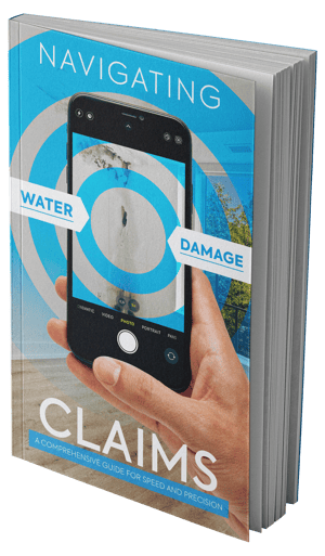 Navigating water loss claims ebook cover with adjuster detecting moisture with iphone of a wall with mold