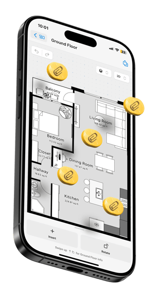 Iphone 16 with floor plan sketch on magicplan app with annotation icons