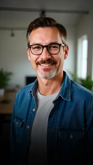 Restoration project manager in the office wearing glasses, white t-shirt and blue jeans shirt