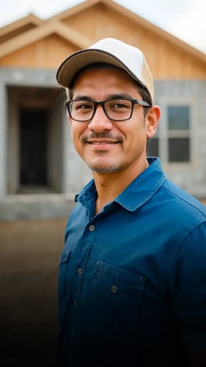 Field technician in construction site wearing a cap, glasses and blue jeans shirt.
