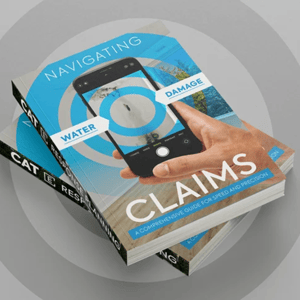WATER loss claims guide for independent claims adjusters. two copies of the ebook with a iphone in the cover inspecting the claim site